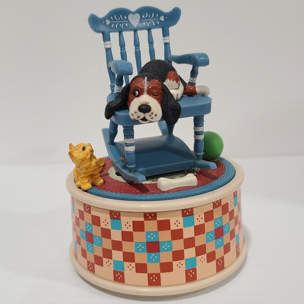 Vintage Enesco My Favorite Things Musical Figurine Dog in Rocking Chair with Cat
